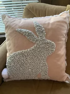 Peach Colored With White Trim White Silver Bunny On Top Throw Pillow 17”x 17” - Picture 1 of 7
