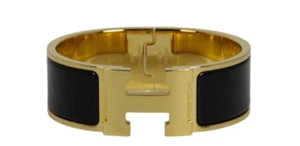 Authentic Hermes Black Enamel/Gold Wide H Clic Clac Bracelet sz PM - Picture 1 of 6