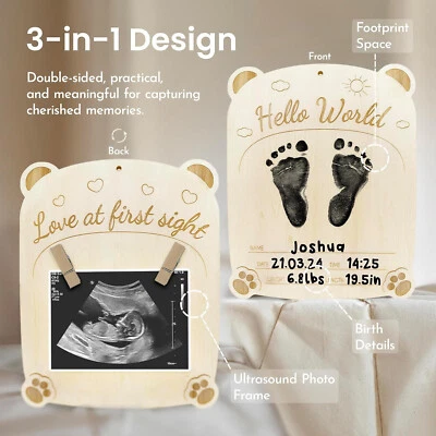 Kit de huellas de bebé y marco de ultrasonido, letrero de anuncio de madera, almohadillas de tinta Foto 1 de 4