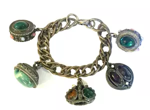 Etrusker Revival Vintage Anhänger / Bettelarmband groß klobig Silber Mogul Cabochon - Bild 1 von 15