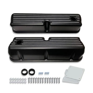 Black Tall Aluminum Valve Covers w/Hole For Ford SBF 289 302 351W 5.0L 1962-1985 - Picture 1 of 9