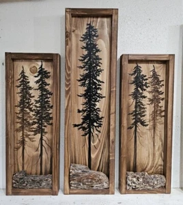 Art mural encadré 3D peint à la main arbres sur bois à suspendre décoration - lot de trois - - Photo 1 sur 8
