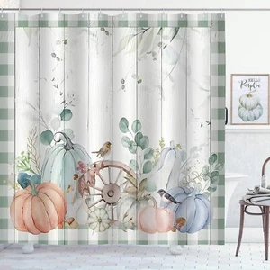 Fall Pumpkin Shower Curtain Eucalyptus Leaves Green Plaid Farmhouse Autumn Ha... - Picture 1 of 5