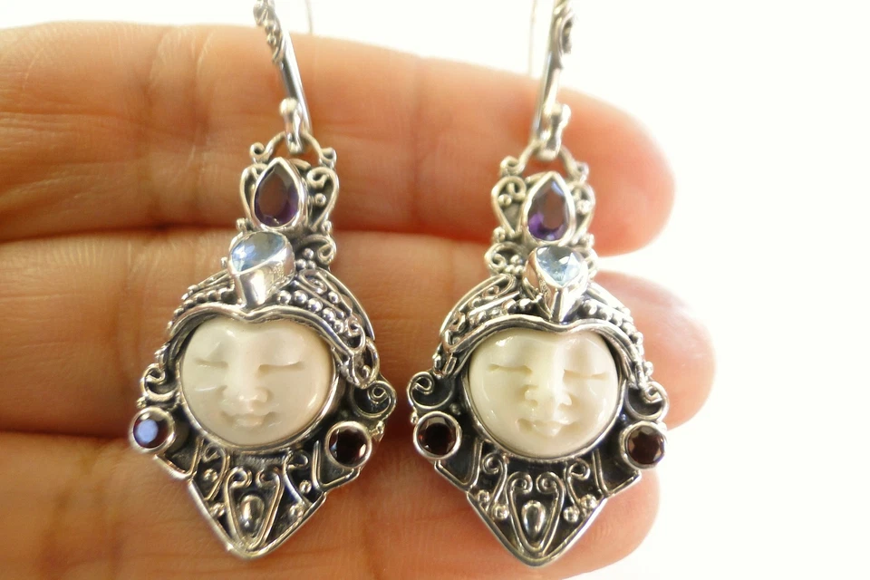 Balinese Goddess Close Eyes Amethyst Blue Topaz Garnet Sterling Silver Earrings - Image 1 of 4