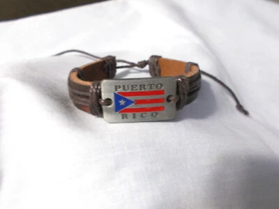 Puerto Rico Brown Leather and Metal Flag Heritage Solid Brown Cord Bracelet - Image 1 of 3