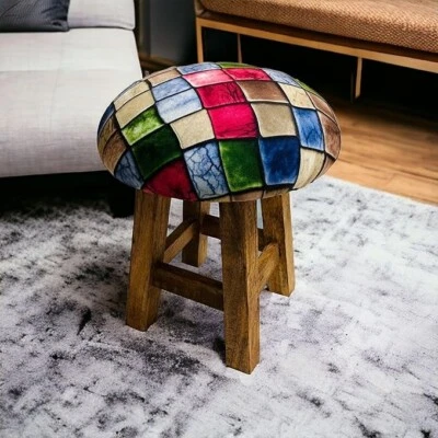 Footrest Ottoman Stool for Living Room- Pouffes for Sitting, Wooden Base - Image 1 of 4
