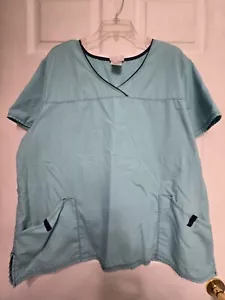 Scrubstar Scrub Top size 2X-Aqua & Navy V-Neck-chest 27.5"/L 28.5" - Picture 1 of 4