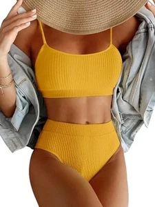 High Waisted Tummy Control Ribbed Bikini Crop Top Brazilian Swimsuit Set 2 Piece - Picture 1 of 4