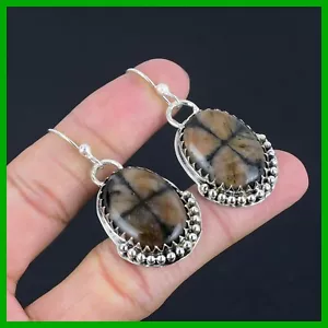 Chiastolith Stein Haken Tropfen Hänger Art Deco Ohrringe Schmuck 925 Sterling Silber - Bild 1 von 6