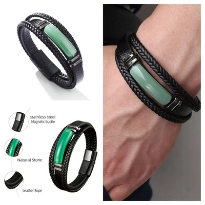 Green Aventurine Stainless Steel Men Bracelet Braided Leather Magnetic Bangle - Image 1 of 4