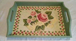 Bandeja para servir vintage hecha a mano de madera con estampado de flores verdes 12x17 - Imagen 1 de 4
