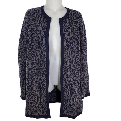 Cárdigan Suéter Talbots XS Azul Gris Floral Largo Frente Abierto Mezcla de Cachemira Arte Foto 1 de 4