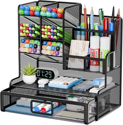 Restorgan Netz Schreibtisch Organizer,12 Fächer Mesh Stifthalter mit Schublade