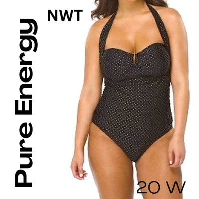 НОВЫЙ цельный купальник Pure Energy 20 Вт черное черное дерево с золотым галстуком с бретелью через шею - Изображение 1 из 4