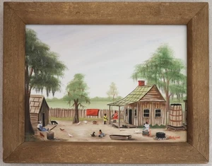 Vintage Jeanie Casper Primitive Naive Rural Southern Black Folk Art Painting - Picture 1 of 8