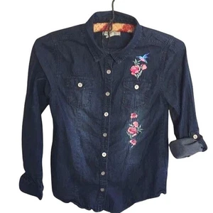 Wallflower Mädchen blau Denim Knopfleiste Hemd Blumen Kolibri Stickerei Gr.10 - Bild 1 von 8