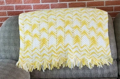 Yellow and White Chevron Croched Baby/Lap Blanket                         - Image 1 of 4