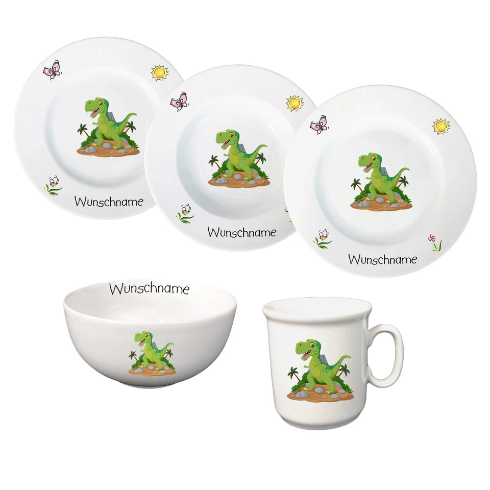Kindergeschirr Dino Dinosaurier Porzellan Set - Personalisiert mit Wunschname - Bild 1 von 1