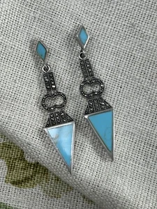 PENDIENTES DE COLECCIÓN TURQUESA montados en plata 925 y marcasita estilo Art Deco - Imagen 1 de 7