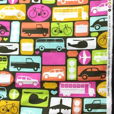 Retro Transportation Fabric 6 Yds Timeless Treasures Cars Bus Trucks Fun-C8450 - Image 1 of 4