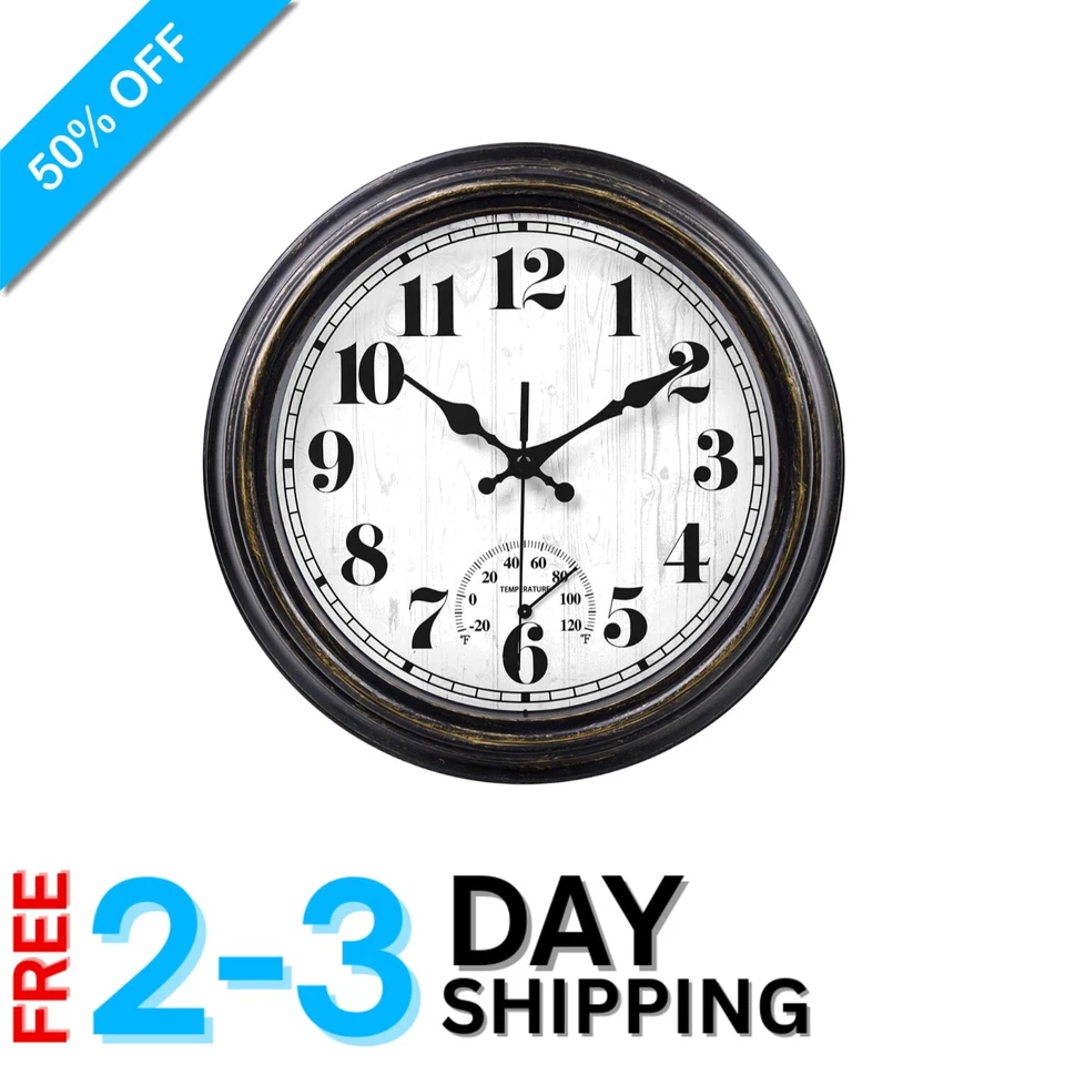 Classic Retro 12" Wall Clock for Indoor/Outdoor Use – Non-Ticking & Waterproof - Image 1 of 4