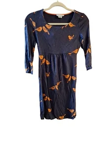Boden Mini Dress 40 3/4 Sleeve Round Neck Naby Blue Orange Birds Cotton - Picture 1 of 5
