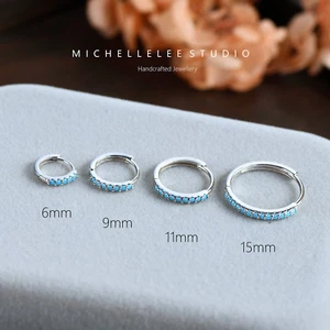 Sterling Silver Turquoise Stones Hoop Earrings, CZ Pave Turquoise Blue - Picture 1 of 7