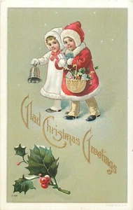 GLAD CHRISTMAS GREETINGS - 2 GIRLS GOING OUTSIDE - EMBOSSED VINTAGE POSTCARD - Picture 1 of 2