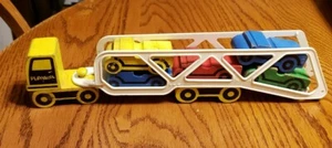   VINTAGE PLAYSKOOL WOODEN AUTO TRANSPORT TRUCK AND CARS SET - Picture 1 of 12