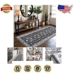Elegante Alfombra Corredor Pasillo 3x6 Lavable Antideslizante - Diseño Floral Negro Clásico - Imagen 1 de 8