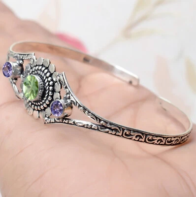 Green Peridot Cut & Amethyst Cut Gemstone 925 Sterling Silver Beautiful Bangle - Image 1 of 4
