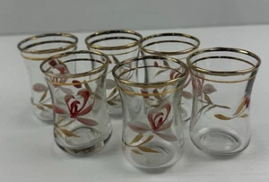 Liqueur/Port/Sherry Glasses x 6 Peach Coloured Flower Gold Trim 6cm High Vintage - Picture 1 of 9