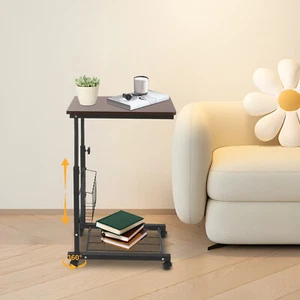 2 Tiers Red Walnut Color Mobile Standalone Adjustable Bed Side Table w/ Wheels - Picture 1 of 20