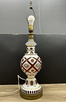 Vintage Bohemian Hand Painted Czech Ruby Red Cranberry Cut Glass Table Lamp - Image 1 of 4