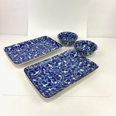 Set Of 2 Asian Floral Sushi Plate & Rice or Dipping Bowl Cobalt Blue & White - Image 1 of 4