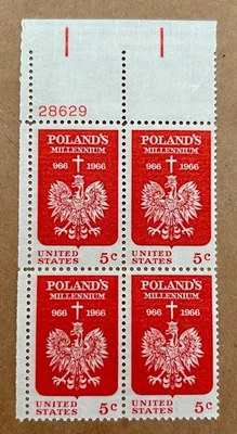 Scott #1313 Polish Millennium, 1966 US 5c Stamp Block, mnh, og, vf/xf - Image 1 of 2