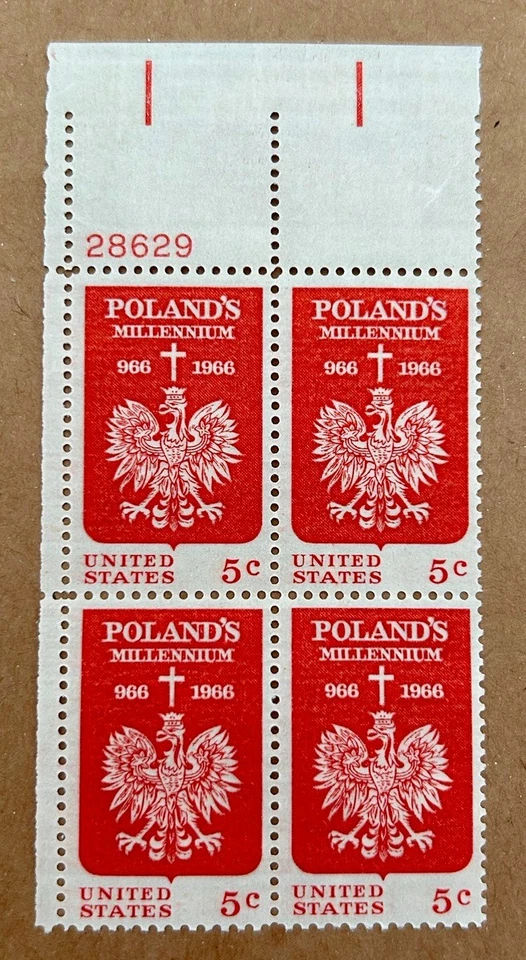 Scott #1313 Polish Millennium, 1966 US 5c Stamp Block, mnh, og, vf/xf - Image 1 of 2