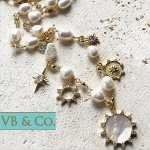 VB & Co Gold Charm Necklace Celestial Pearl Chain Crystals - Picture 1 of 10