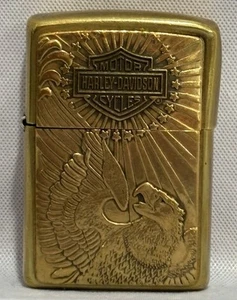 Harley Davidson Brass Zippo Lighter Vintage Eagle Dented Natural Patina - Picture 1 of 11