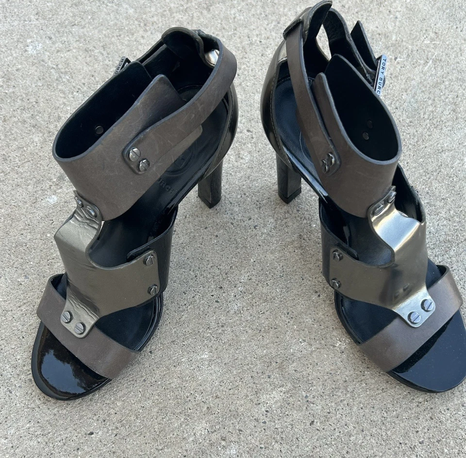 ZAPATOS TORY BURCH TACÓN ALTO CUERO Metálico Teagan Gladiador TALLA 6 Foto 1 de 4