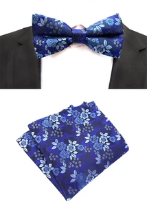 New Mens Pre-Tied adjustable Bow Tie Floral Blue Silk Bowtie Hanky Party - Picture 1 of 1