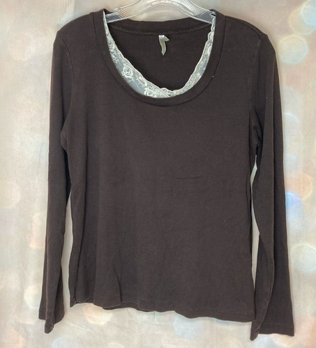 OFF WHITE Top da donna bianco cervo marrone manica lunga con pizzo bianco sporco 100% cotone taglia L