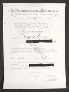 Attestato Onorificenza Cavaliere Ordine al Merito della Repupplica Italiana 1960 - Foto 1 di 1