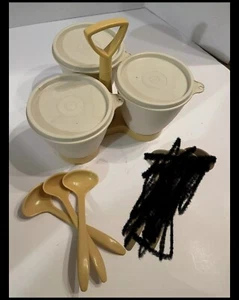 Vintage Tupperware Condiment Caddy Almond White With 3 Yellow Spoons - Picture 1 of 6