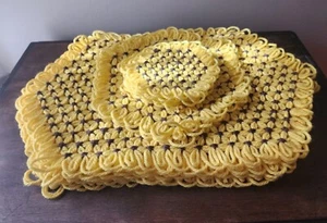 Vintage Handmade Crocheted Yellow Farmhouse Placemats Coasters & Trivet Set of 8 - Picture 1 of 11