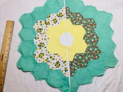 Antique Cotton Fabric 1930s Grandma's Garden 2 Quilt Blocks Hand Pc'd 16.5" - Image 1 of 3