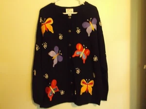 Quacker Factory Cardigan Sweater Women's  1X Black Embroidered with Butterfly - Picture 1 of 6