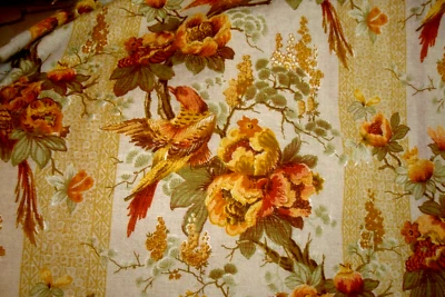 New Custom One pr Lg Drapes Pinch pleat Lined Yellow Bird Floral Linen 84" lg - Image 1 of 4