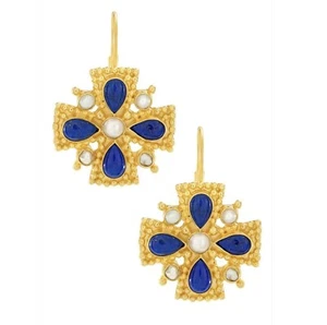 Museum Cross earrings 18K Gold Filled Chunky Dangle Faux Pearl Blue Lapis - Picture 1 of 5