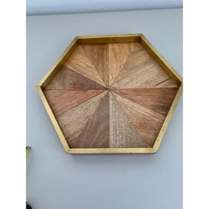 Hexagon Wood Tray Gold Accent Decorative Serving Tabletop Centerpiece - Picture 1 of 8
